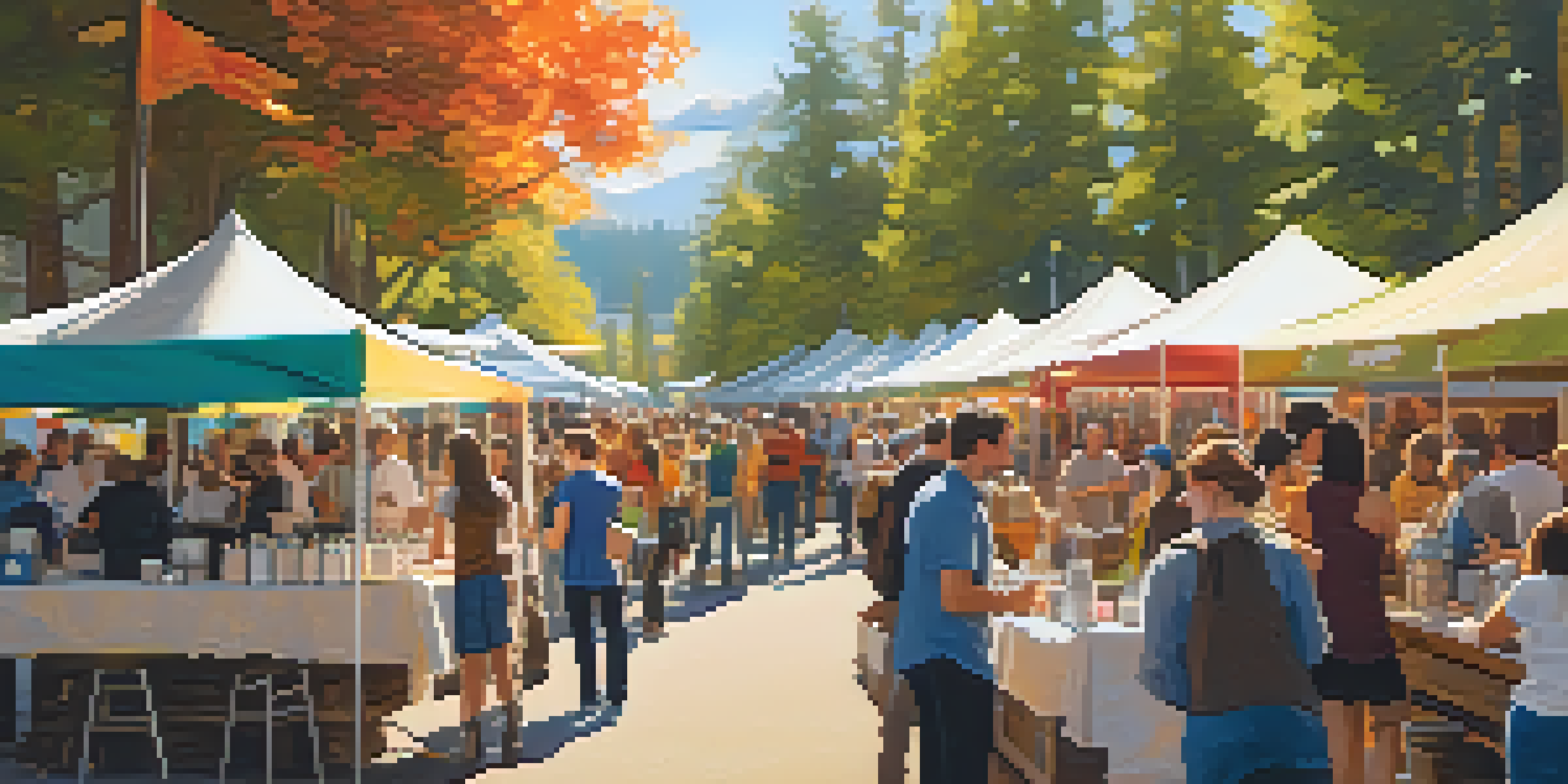 A lively coffee festival in Seattle with people sampling coffee, a barista making latte art, and colorful tents under sunlight.