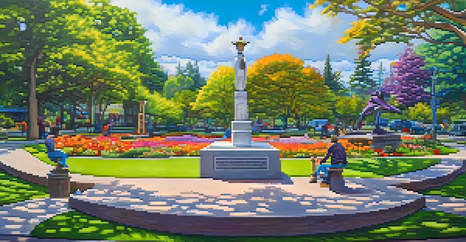 A peaceful tribute scene at Jimi Hendrix Park in Seattle, showcasing musical sculptures and a statue of Jimi Hendrix amidst lush greenery.