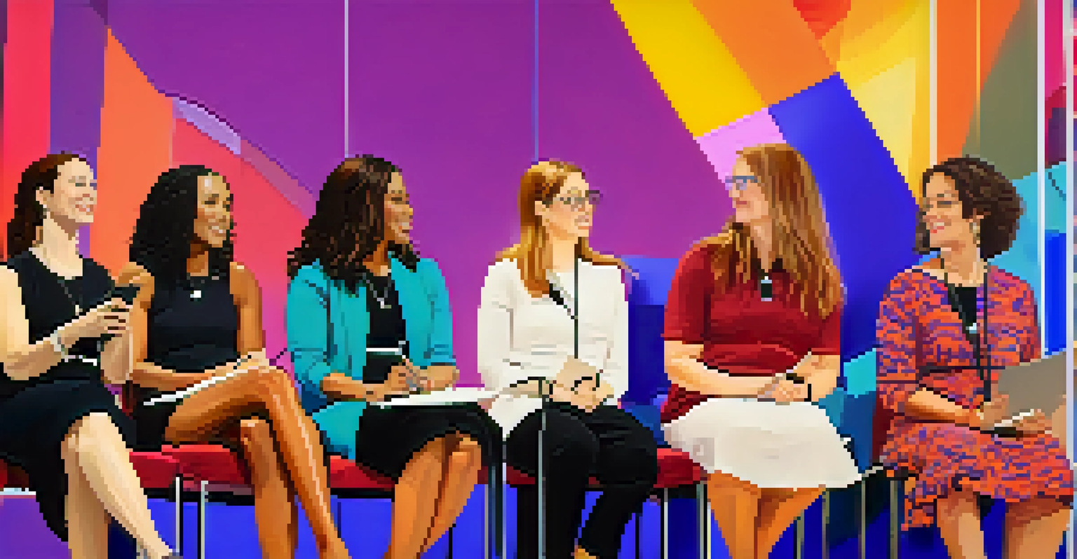 A panel of successful women in technology speaking at a conference, with an engaged audience in a vibrant setting.