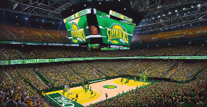 A lively basketball arena with fans supporting the Seattle SuperSonics, filled with excitement and energy.