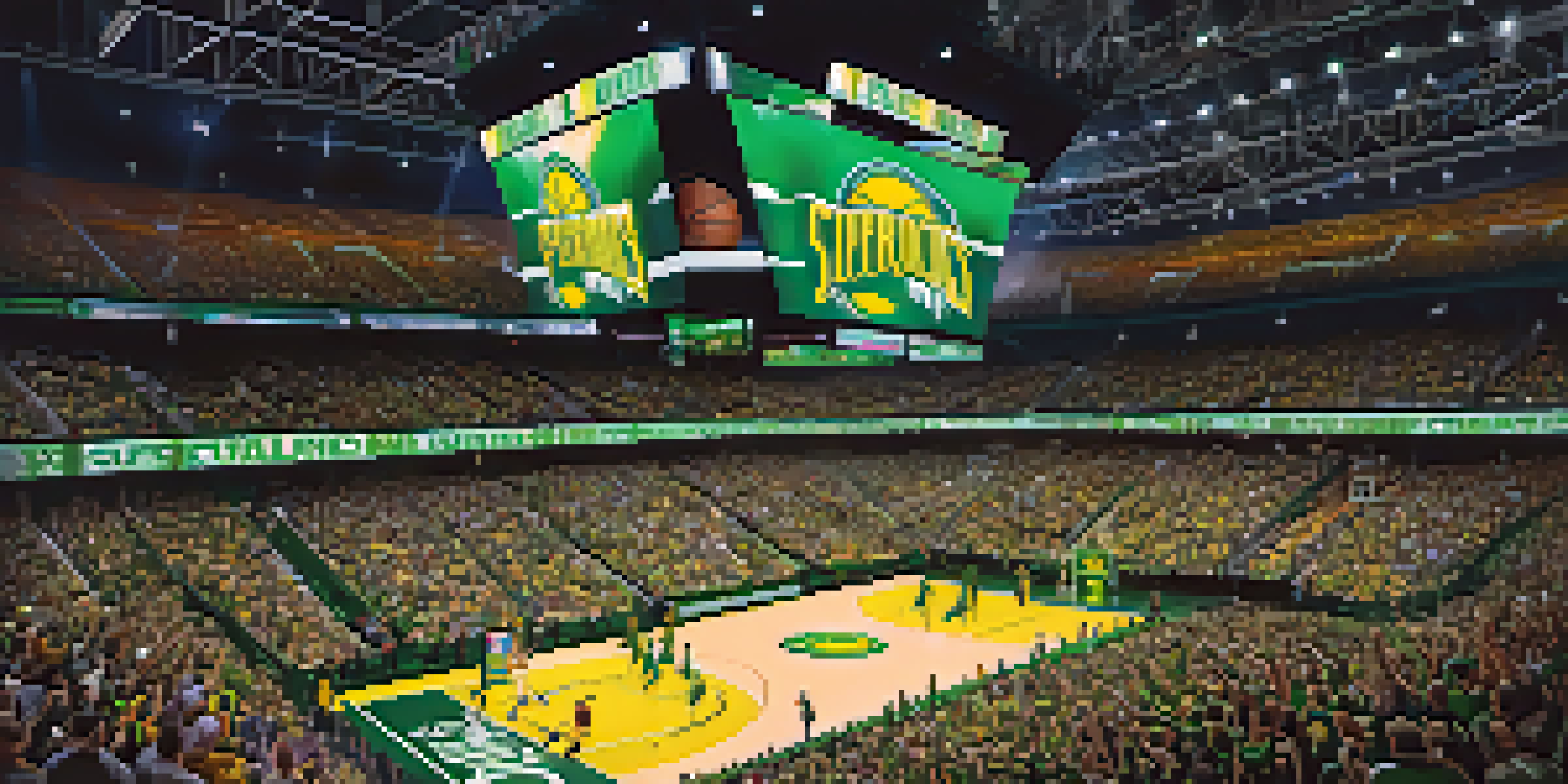 A lively basketball arena with fans supporting the Seattle SuperSonics, filled with excitement and energy.