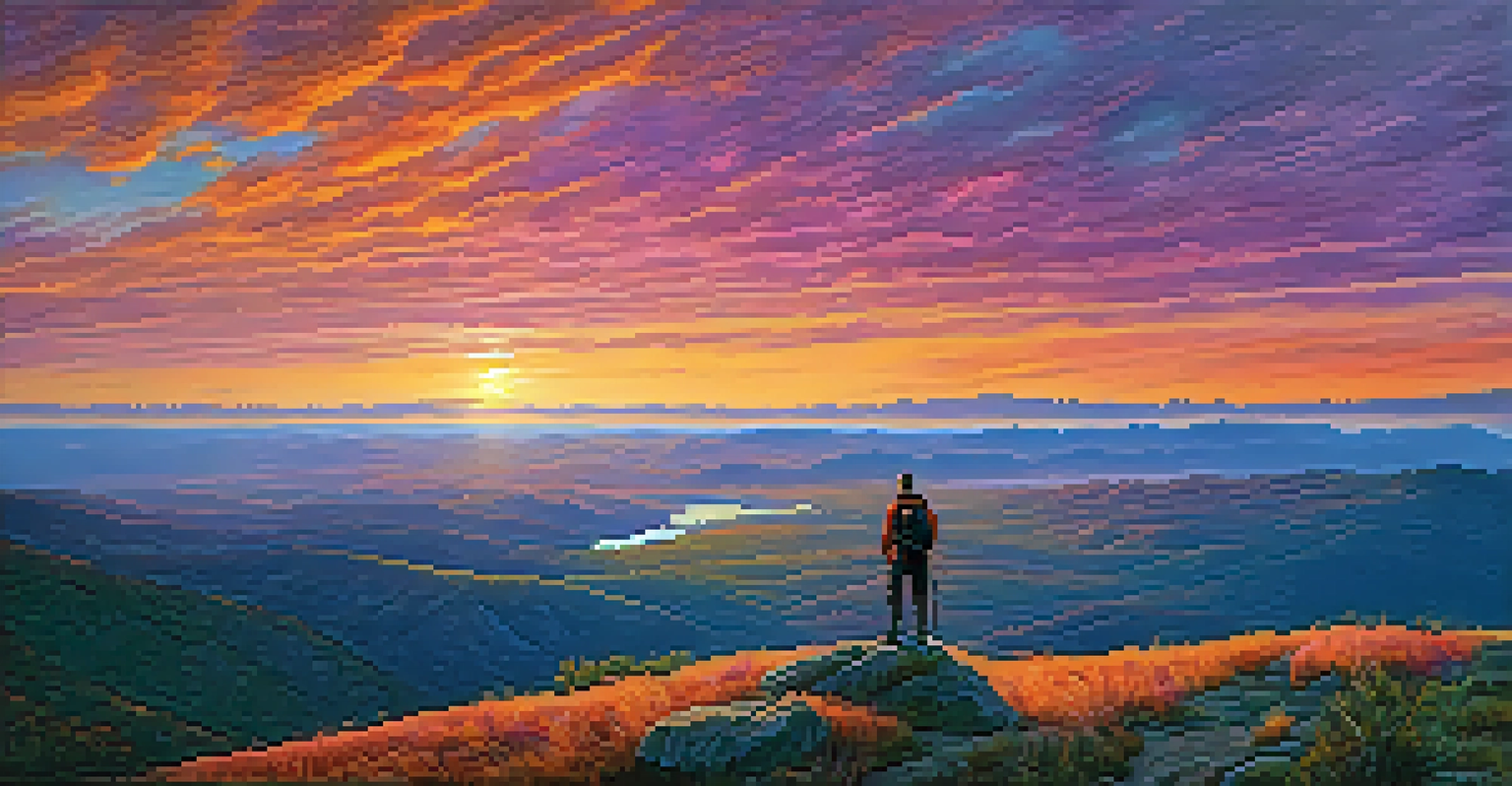 A hiker at a mountain overlook during sunset, with colorful sky and hills in the background.