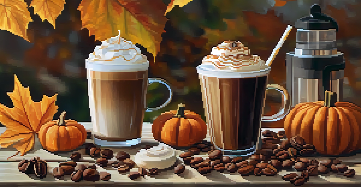 Flat lay of seasonal coffee drinks including pumpkin spice latte and iced coffee on a wooden table with autumn leaves.