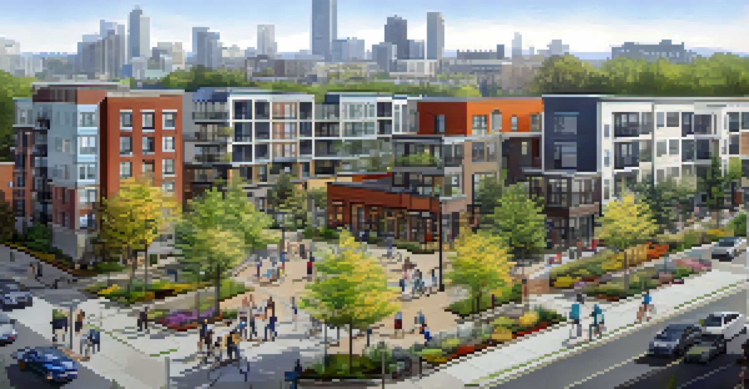 Aerial view of a transit-oriented development in Seattle, showcasing residential buildings, parks, and a light rail station.