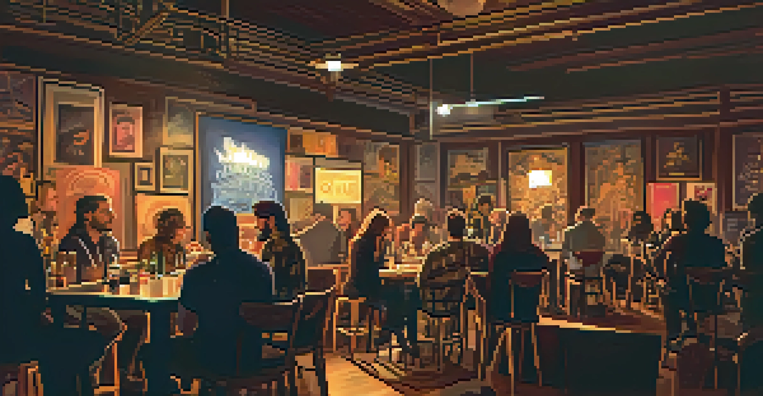 A cozy indoor music venue in Seattle with an acoustic artist on stage under a spotlight, surrounded by an engaged audience and musical posters on the walls.