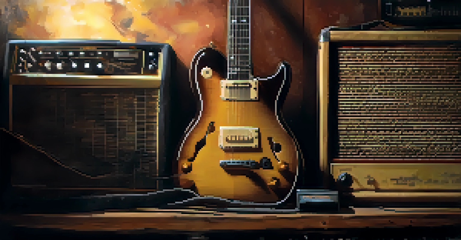A vintage guitar leaning against an amplifier in a dimly lit room, surrounded by grunge band posters. The warm light emphasizes the guitar's texture and history.