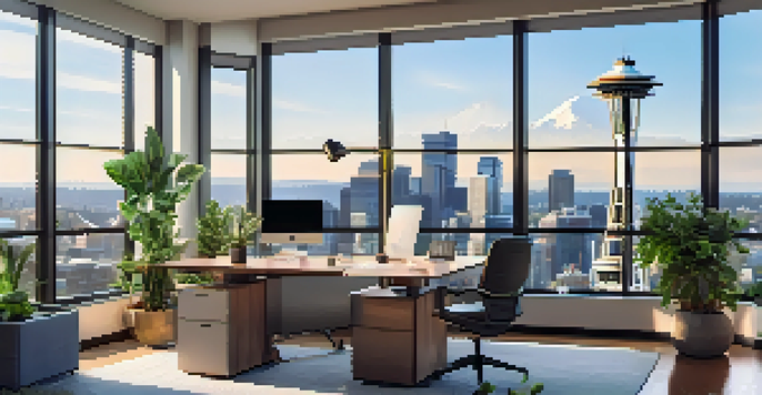 A contemporary office in Seattle with a view of the Space Needle, showcasing ergonomic furniture and greenery.