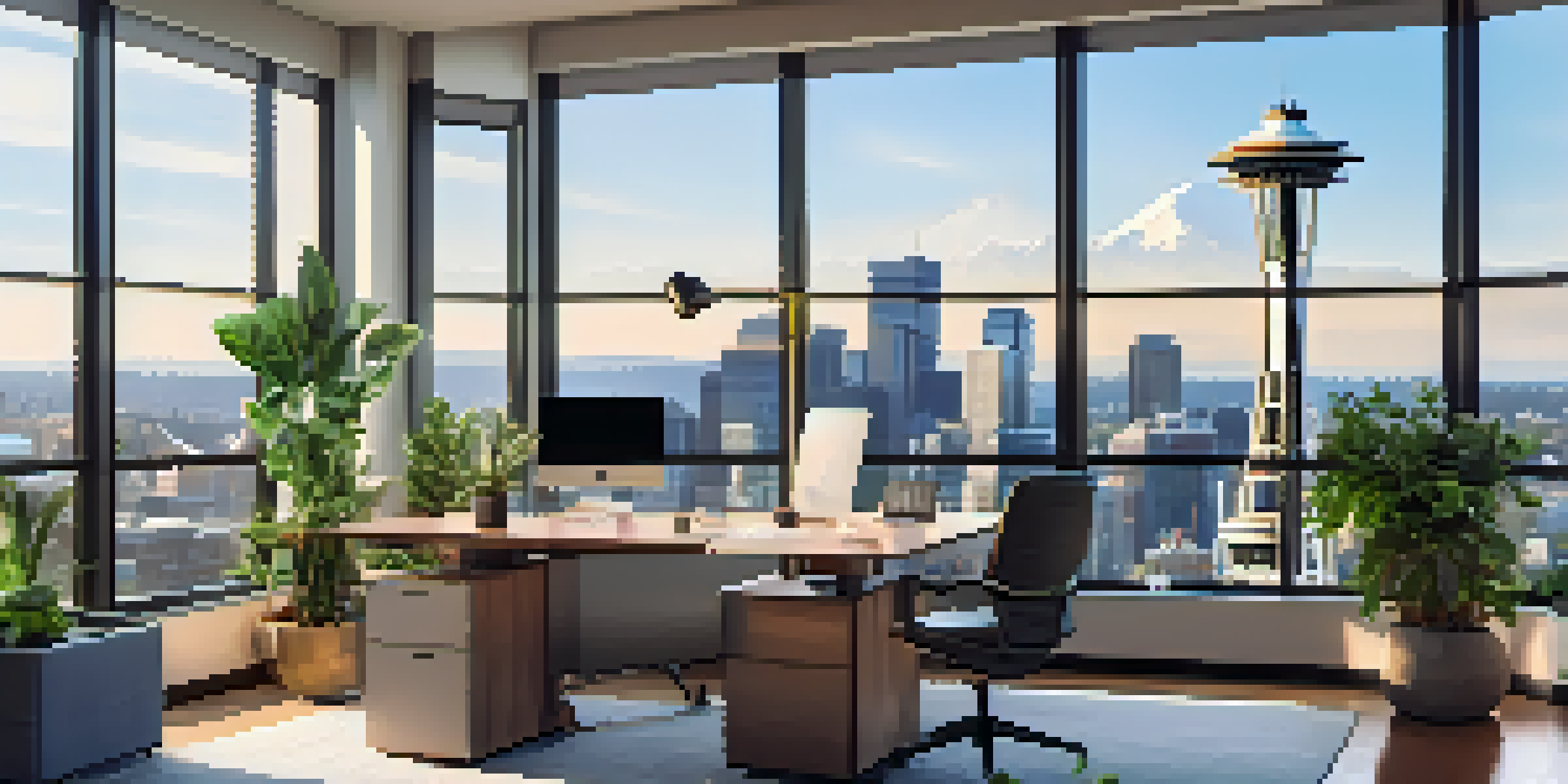 A contemporary office in Seattle with a view of the Space Needle, showcasing ergonomic furniture and greenery.