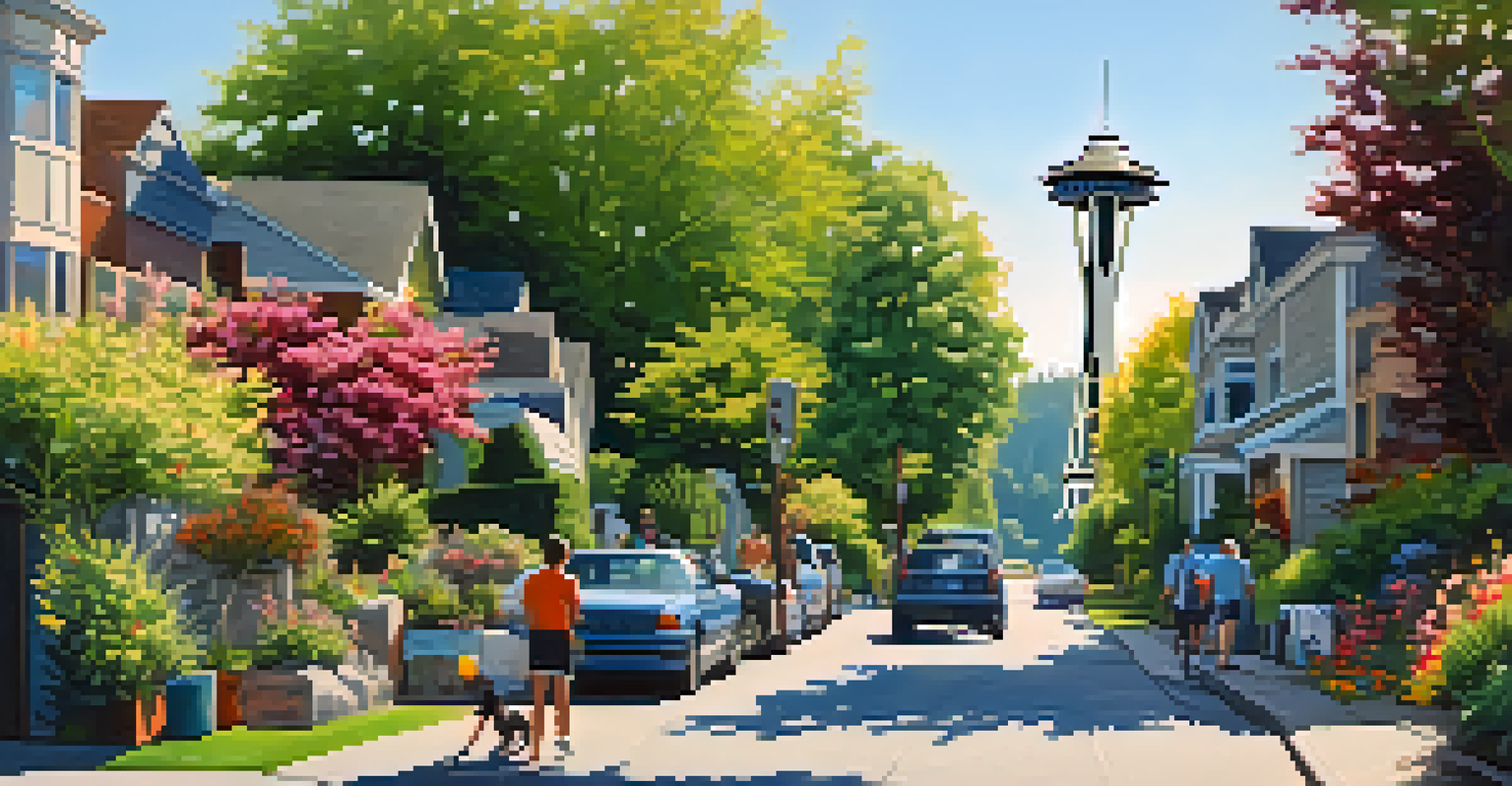 A lively summer scene in Seattle with people outdoors and blooming flowers, illustrating the effects of rising temperatures.