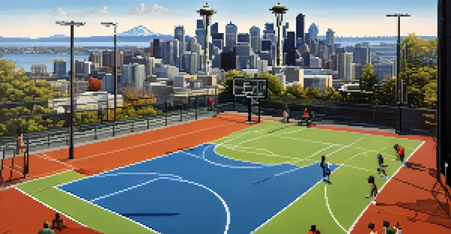 A vibrant basketball court in Seattle with young players practicing, set against the backdrop of the iconic Space Needle.