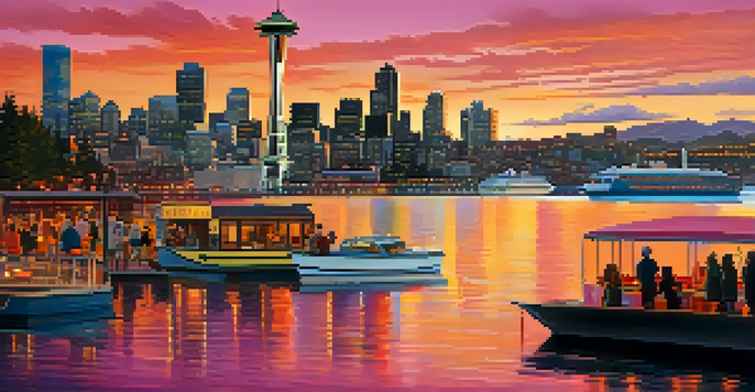 A sunset view of Seattle's skyline with the Space Needle, featuring a busy waterfront and boats on the water.