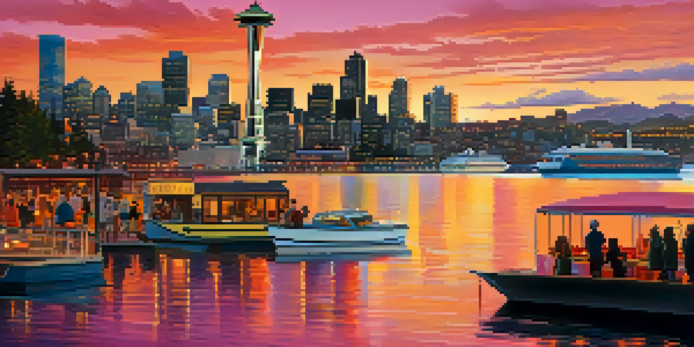 A sunset view of Seattle's skyline with the Space Needle, featuring a busy waterfront and boats on the water.