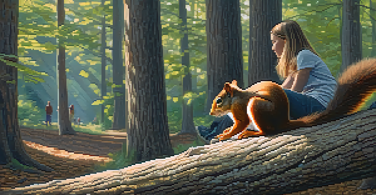 A person in muted clothing observing playful squirrels in a forest, with sunlight filtering through the trees and highlighting the textures of bark and leaves.