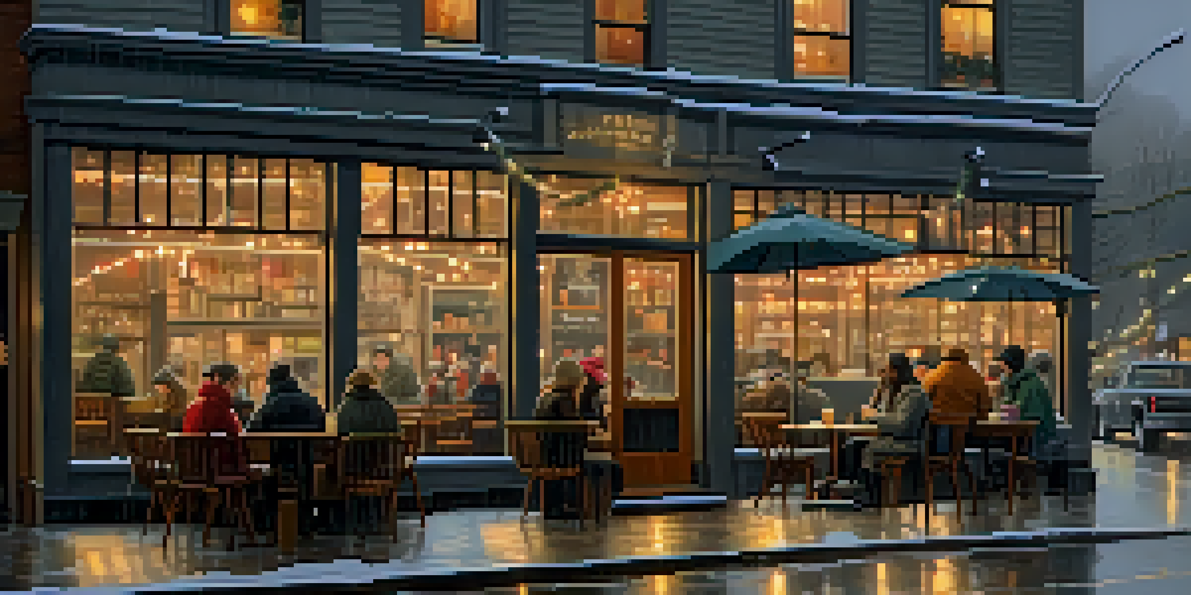 A warm and inviting coffee shop in Seattle during winter, with patrons enjoying drinks while rain falls outside.