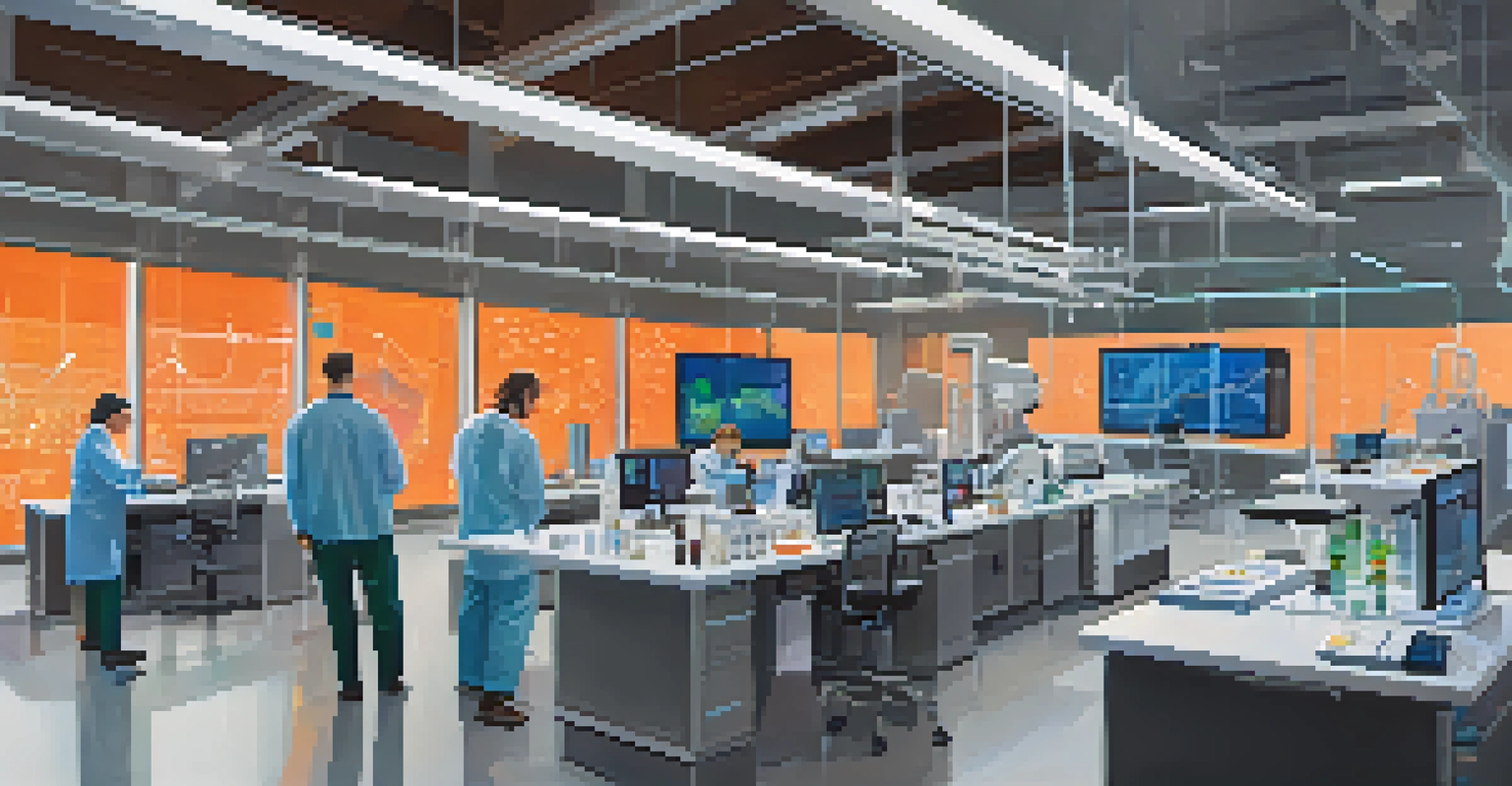 Scientists collaborating in a modern research lab with high-tech equipment and screens displaying data.