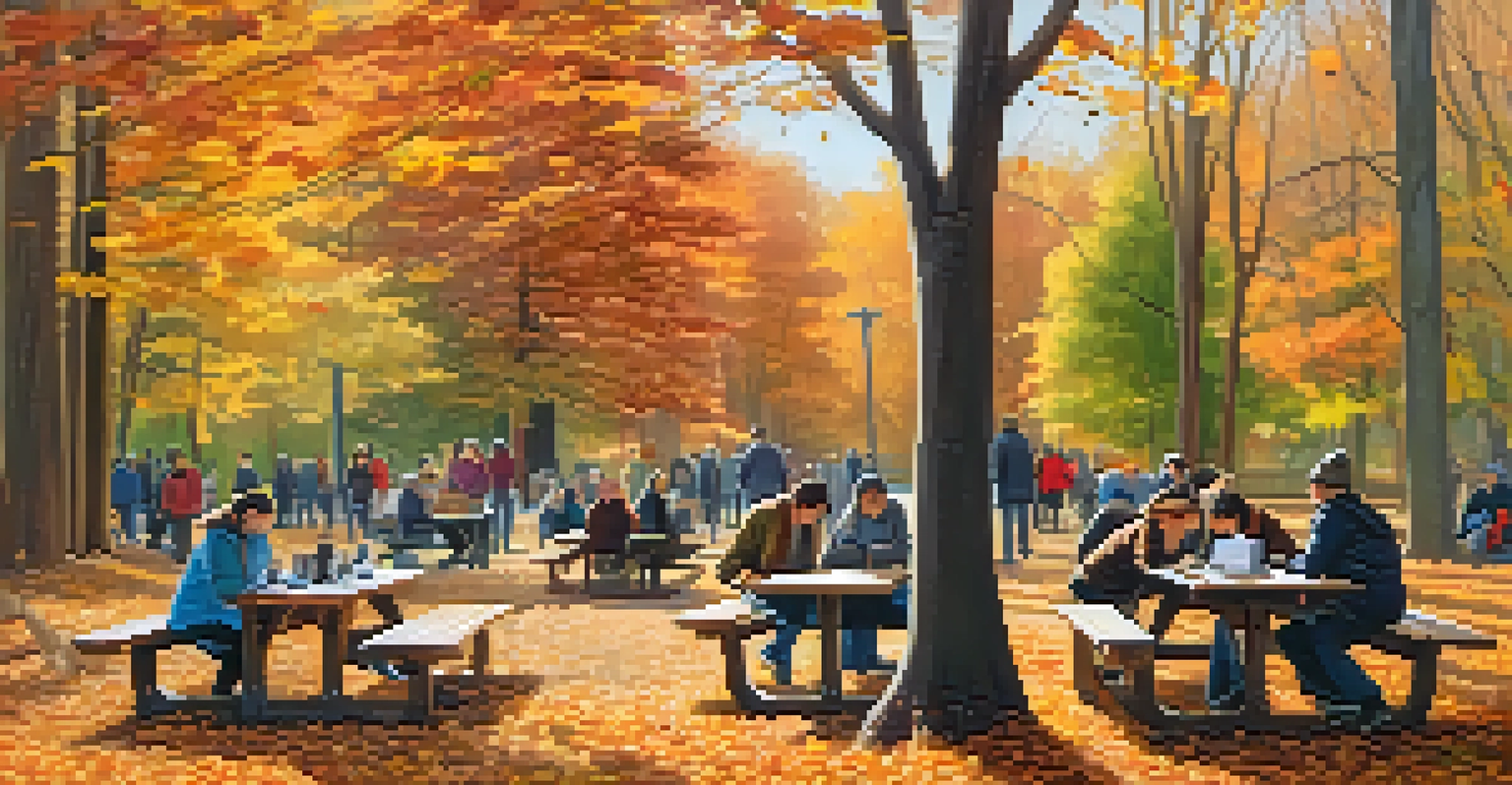People observing birds at a feeding station in an autumn park, surrounded by colorful fall foliage and scattered binoculars and notebooks.