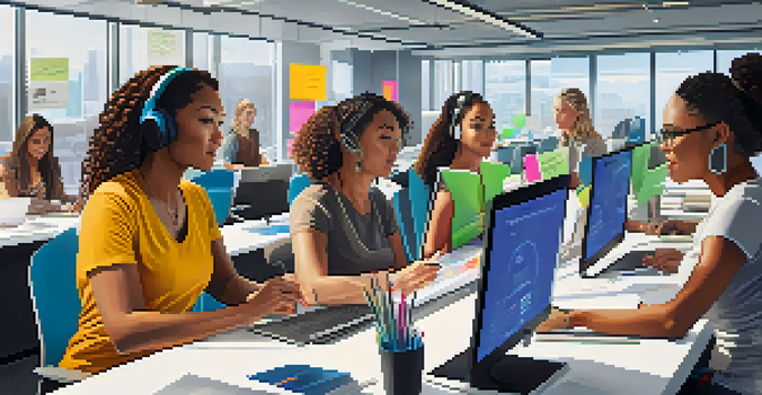 A diverse group of women working together in a modern tech office, surrounded by technology and creative materials.