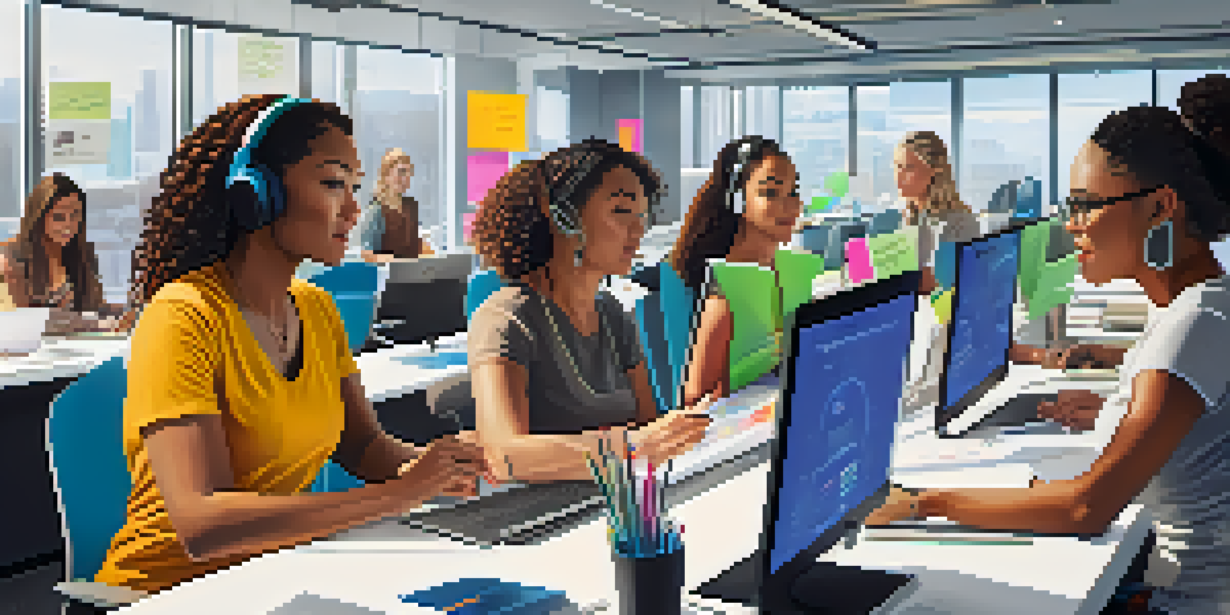 A diverse group of women working together in a modern tech office, surrounded by technology and creative materials.