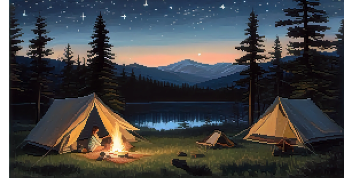 A couple lying on a blanket under a starry sky, surrounded by trees with a campfire nearby.