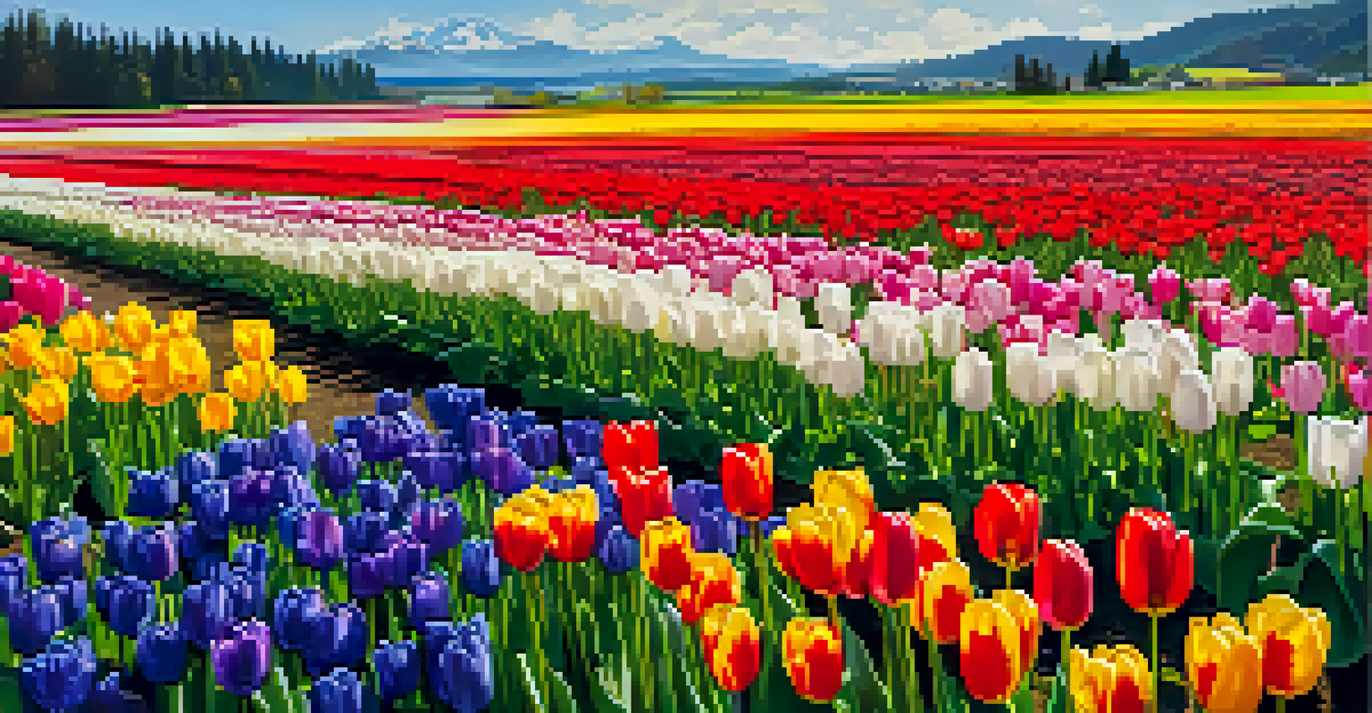 Colorful tulip fields in Seattle's Skagit Valley during spring, with visitors admiring the blooms under a clear sky.