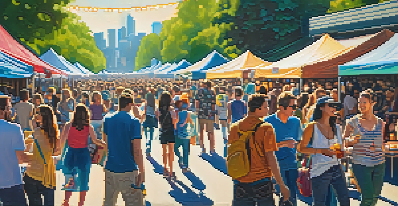 A lively Seattle music festival with multiple stages, food stalls, and art installations, filled with happy festival-goers enjoying the sunny day.