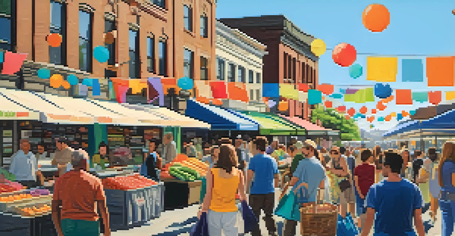 A street market in Seattle with vendors selling reusable products and shoppers using their own containers, under a clear blue sky.