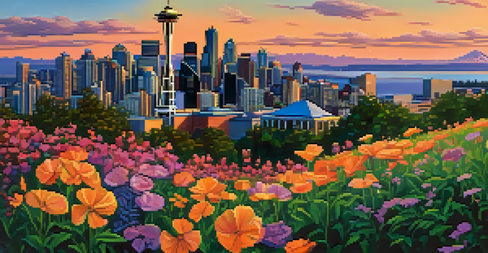 A sunset view of Seattle's skyline with the Space Needle and modern buildings, surrounded by green parks and colorful flowers.