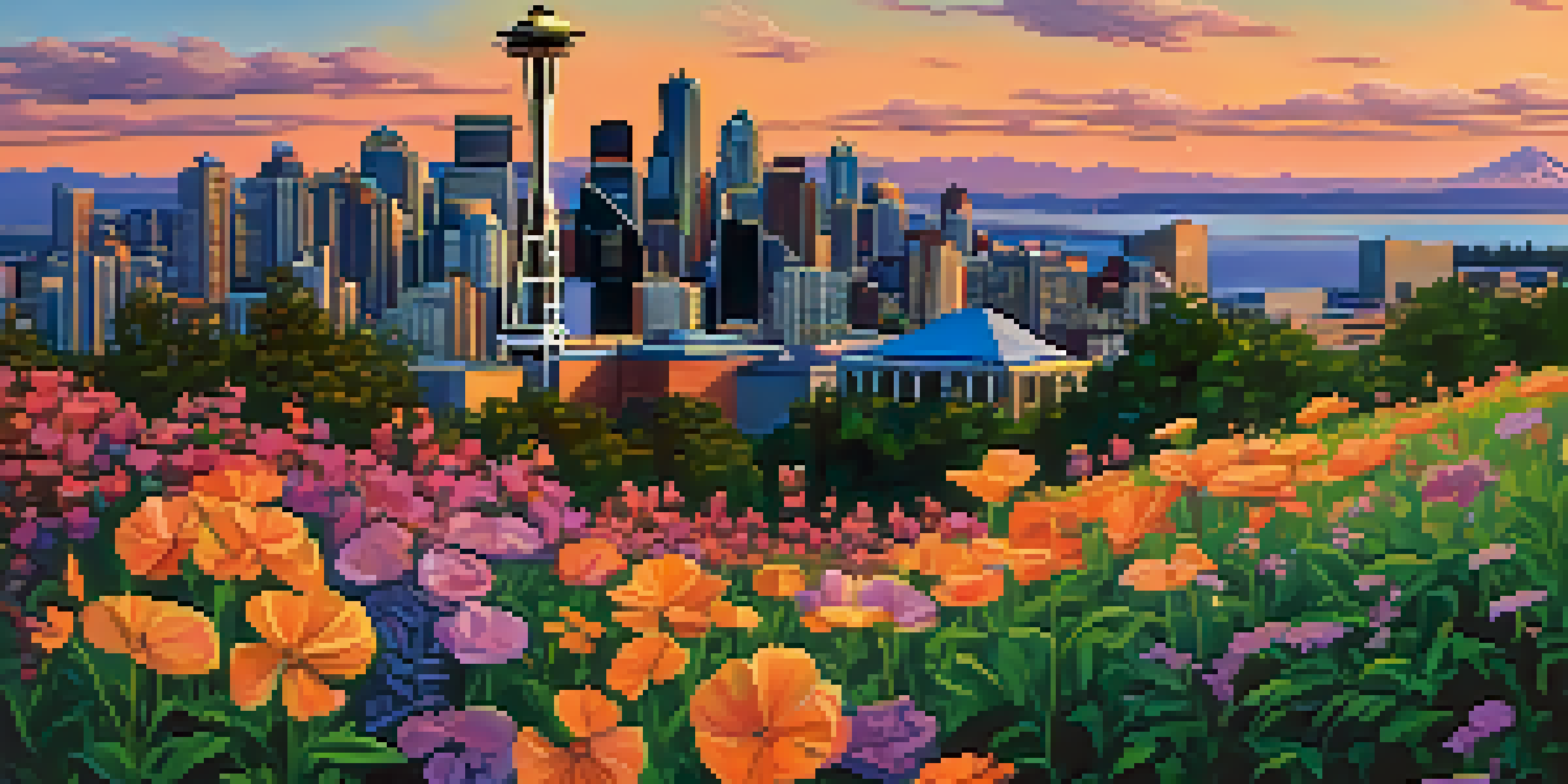 A sunset view of Seattle's skyline with the Space Needle and modern buildings, surrounded by green parks and colorful flowers.