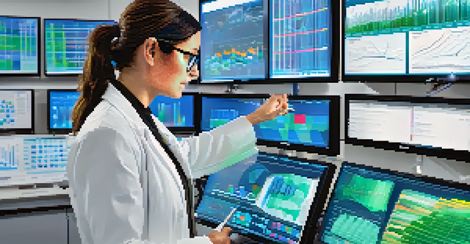 A female researcher in a lab using a touchscreen to analyze big data visualizations, surrounded by advanced technology and colorful charts.