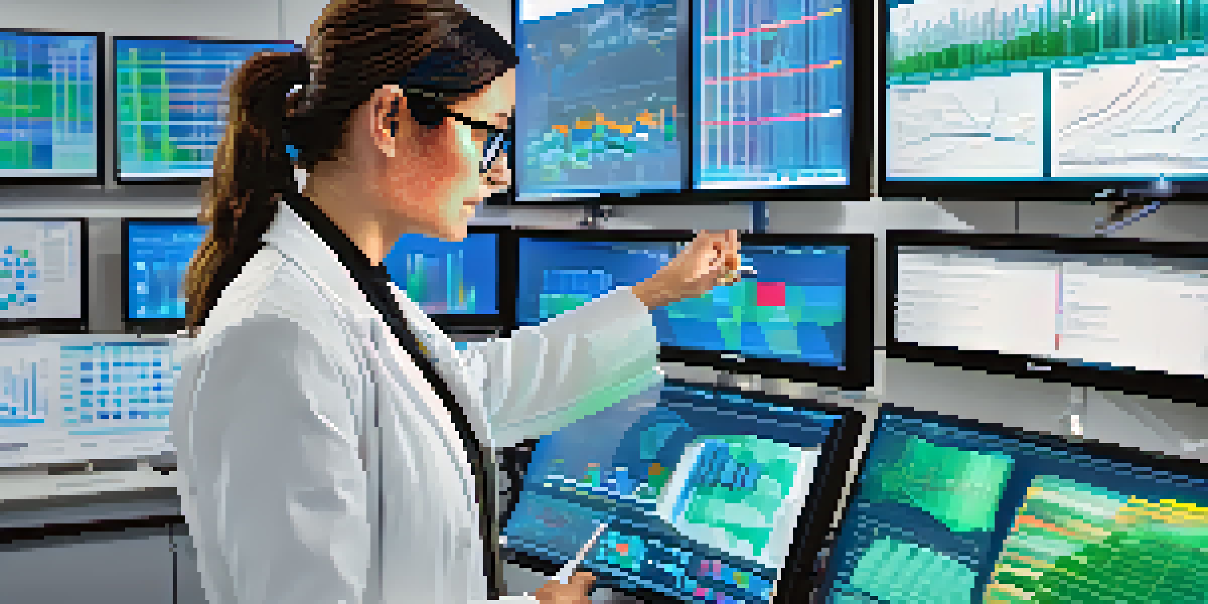 A female researcher in a lab using a touchscreen to analyze big data visualizations, surrounded by advanced technology and colorful charts.