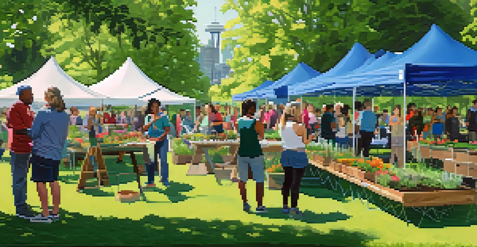 A vibrant community gardening workshop in a Seattle urban park with diverse participants and colorful tents.
