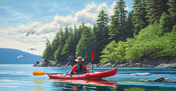 A kayaker in a red kayak paddling in calm waters of Puget Sound, with a seal surfacing nearby and seagulls diving for fish under a blue sky.