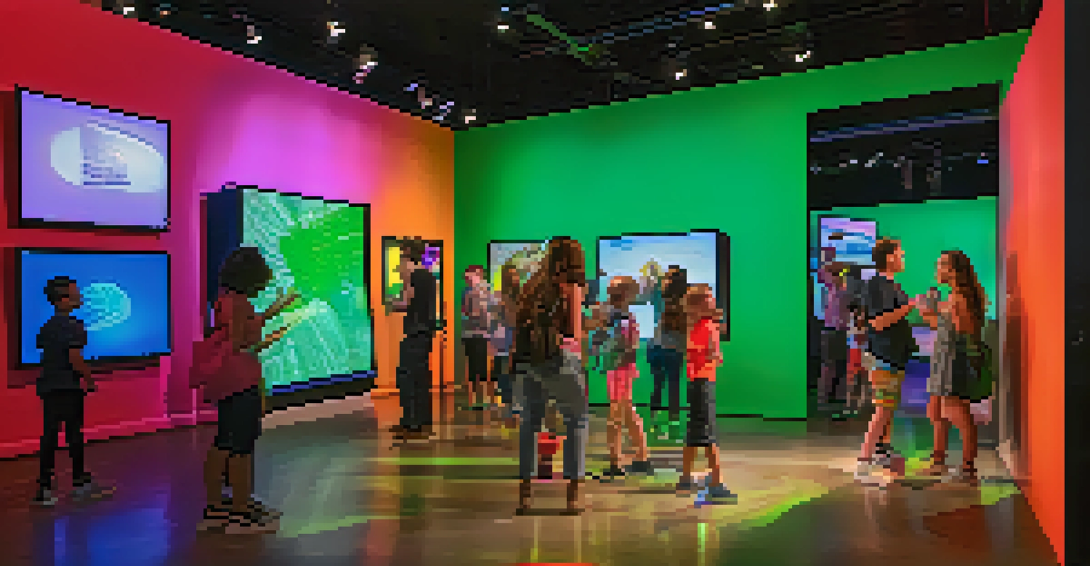 Visitors engaging in an interactive music video exhibit at the Museum of Pop Culture, surrounded by colorful lights and screens.