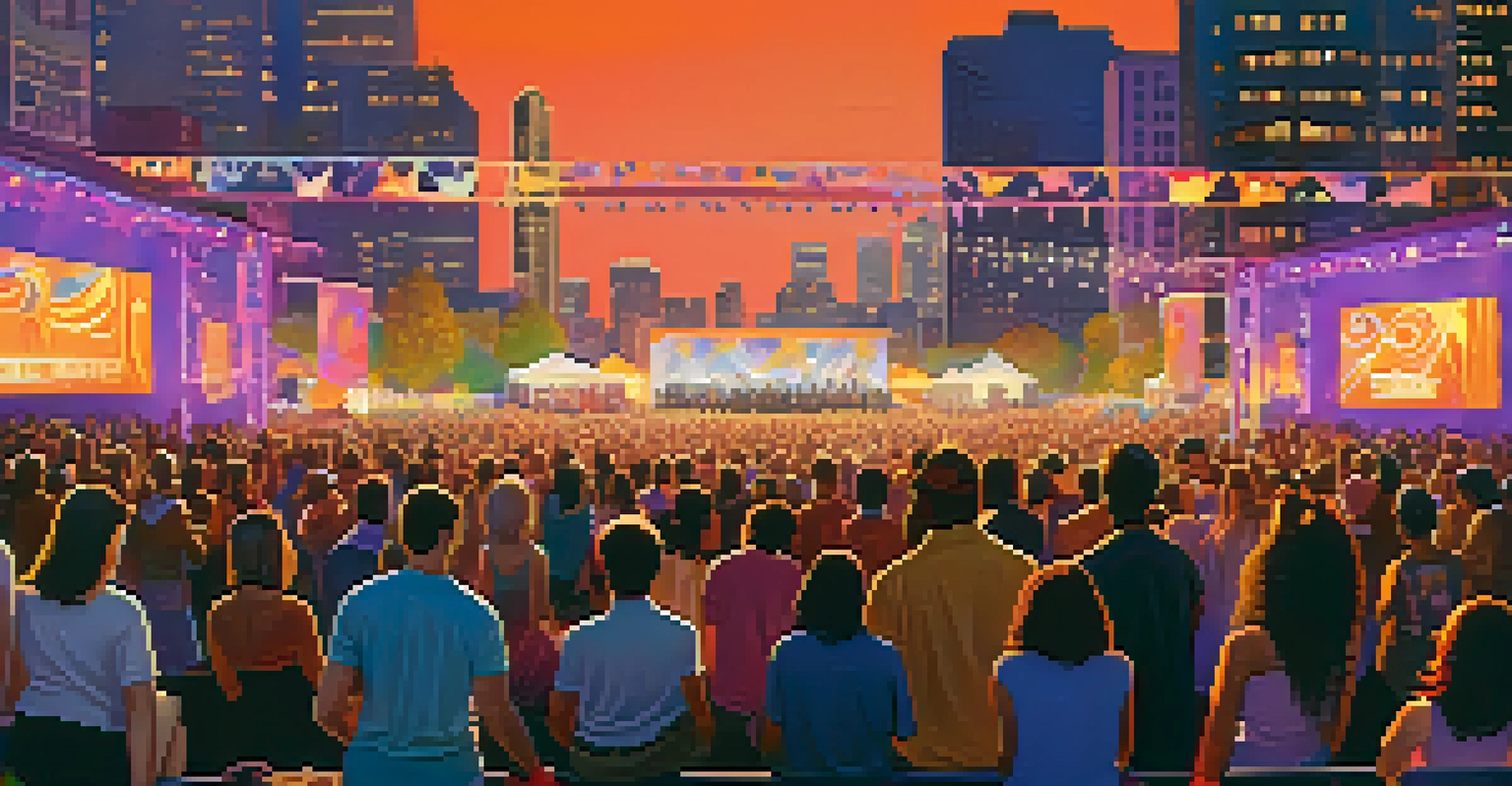 A music festival in Seattle with artists performing on stage and a colorful crowd.