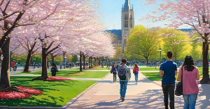 A scenic view of the University of Washington with cherry blossoms, students, and the Suzzallo Library under soft morning light.