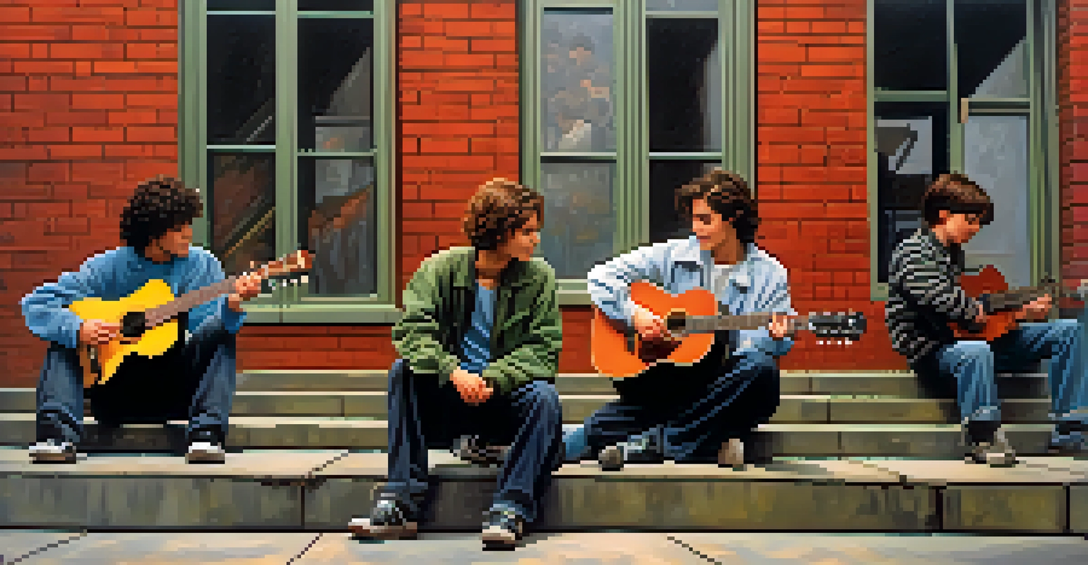 A group of young musicians sitting on steps of a brick building in Seattle during the early 1990s, playing acoustic guitars. The scene captures their joyful expressions against a cloudy backdrop.