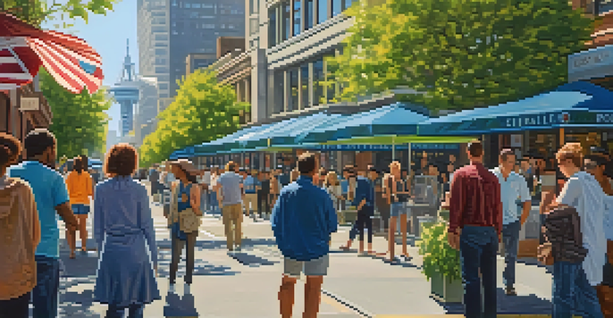 A lively street scene in Seattle with the Space Needle in the background and people interacting.