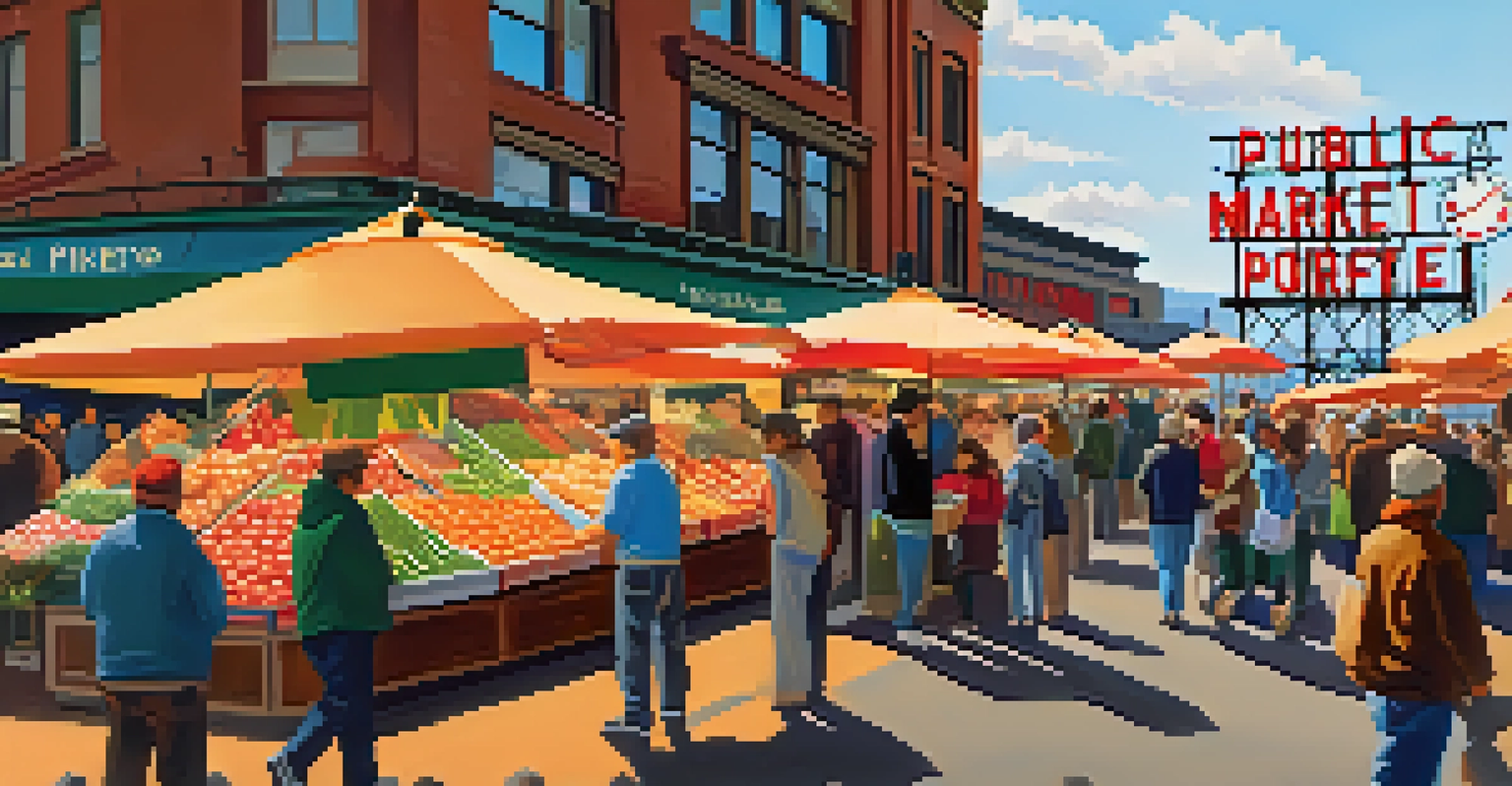 A bustling Pike Place Market in Seattle with colorful stalls and fishmongers, umbrellas in hand.
