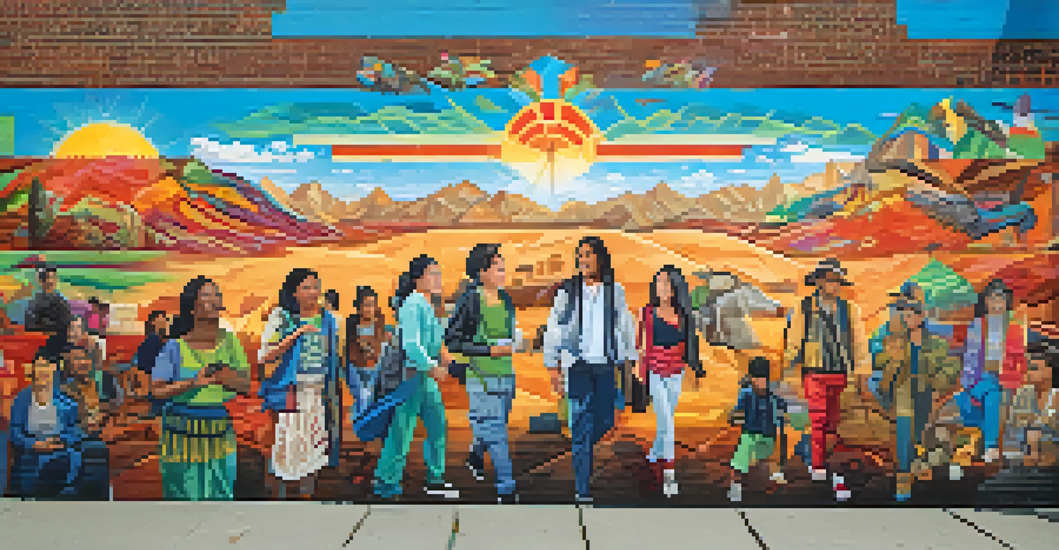 A colorful mural on a brick wall in Seattle representing the stories of indigenous and immigrant communities, with people admiring it.
