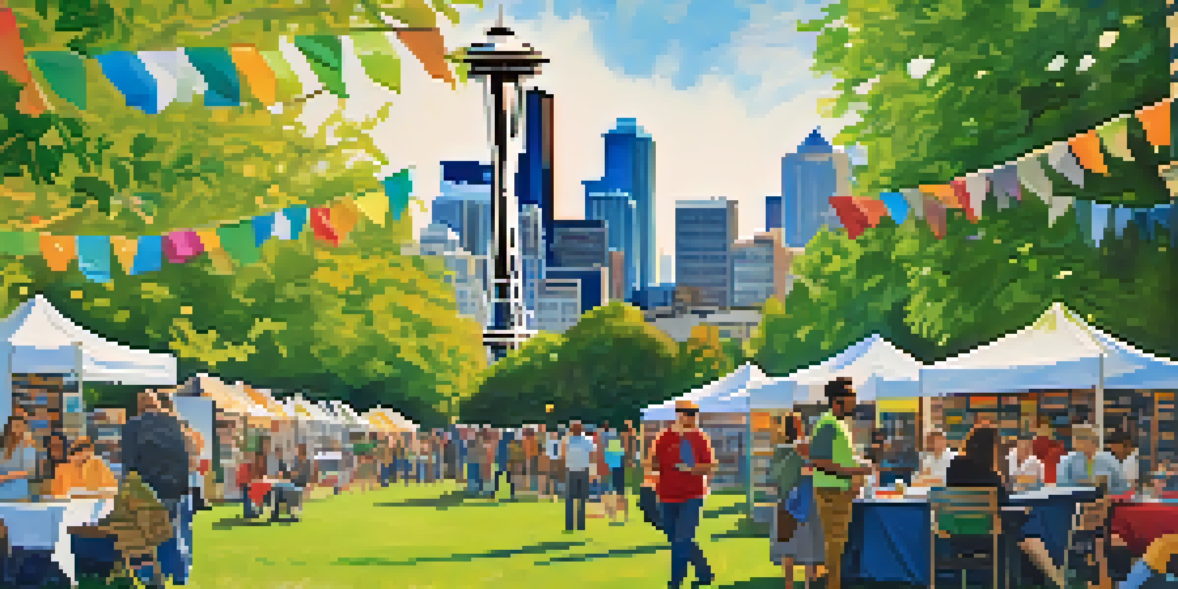 An outdoor literary festival in Seattle with diverse authors and attendees, colorful banners, and the Seattle skyline in the background.