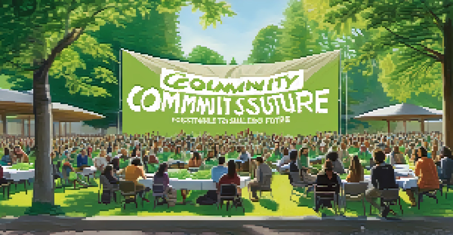 A community meeting at the University of Washington discussing sustainability, with a large banner and diverse participants.