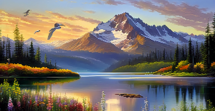 A beautiful sunrise illuminating snowy mountain peaks and a calm lake surrounded by greenery and wildflowers.