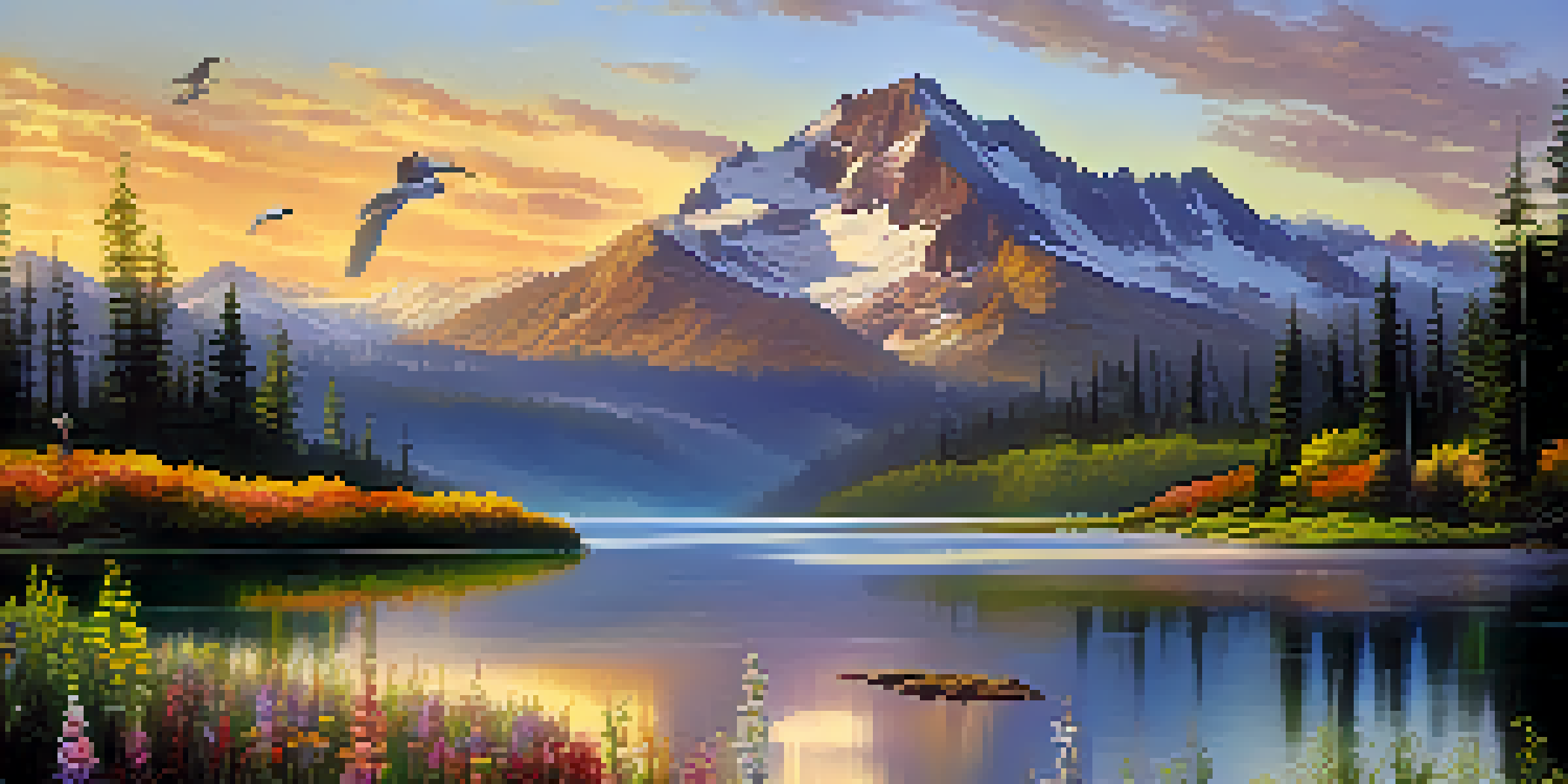 A beautiful sunrise illuminating snowy mountain peaks and a calm lake surrounded by greenery and wildflowers.