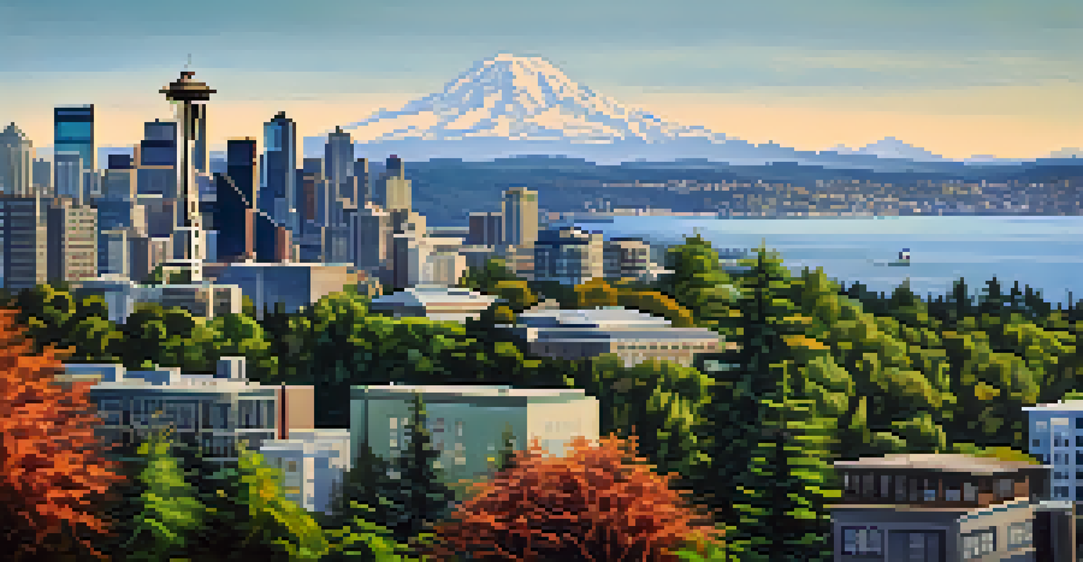An aerial view of Seattle showing urban buildings and green spaces like Seward Park, with the Olympic Mountains in the background.