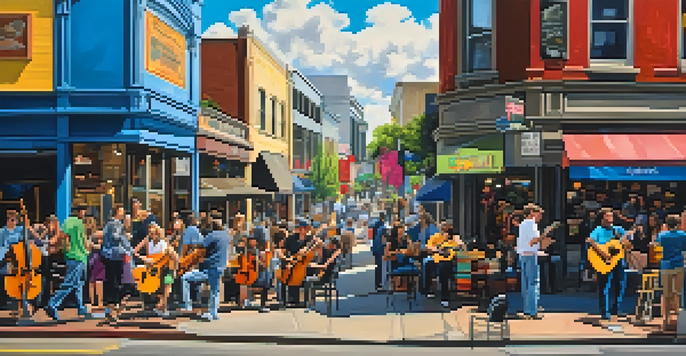 A lively street scene in Seattle with musicians and a colorful music venue.