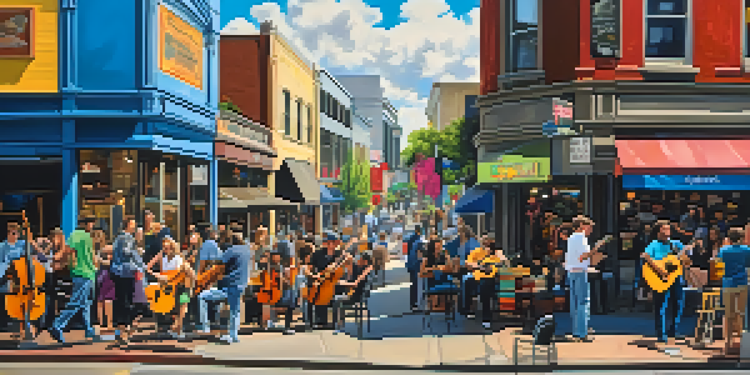 A lively street scene in Seattle with musicians and a colorful music venue.