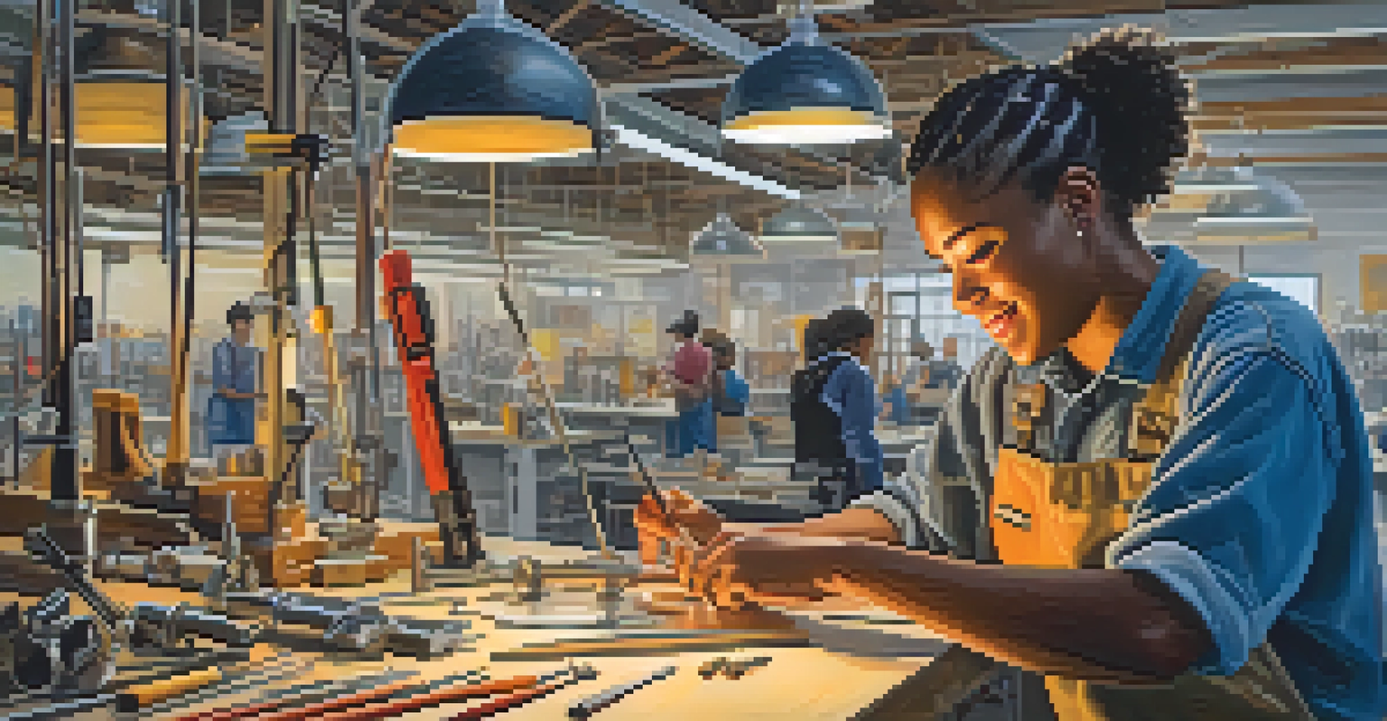 A community college student engaged in hands-on vocational training in a workshop, surrounded by tools and equipment.