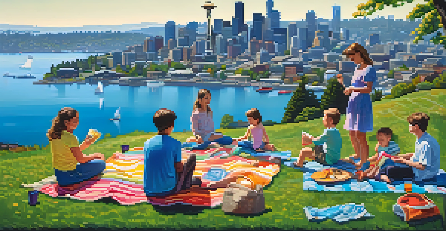 A family having a picnic on the hillside of Gas Works Park, with children playing frisbee and the Seattle skyline in the background.