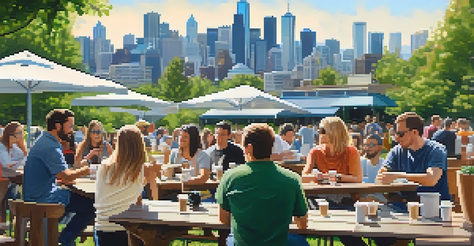 A coffee tasting event outdoors in Seattle, with people engaged in conversation and enjoying different coffee brews.