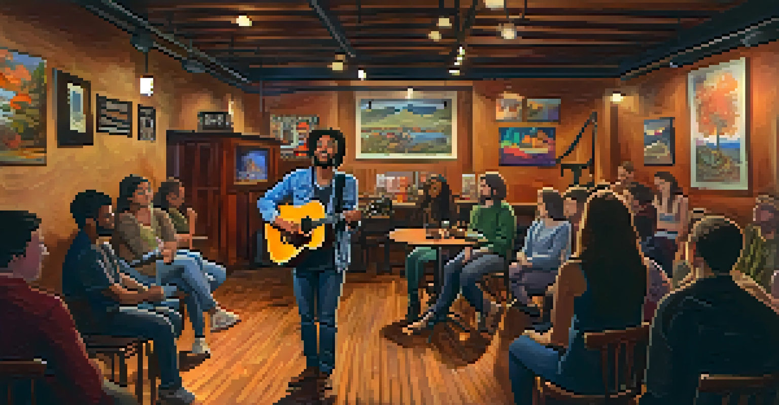 An open mic night in a Seattle venue with an artist performing and an engaged audience.